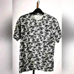 SANDRO Navy Blue White Hokusai Wave Pattern Cotton Crewneck Tee Small Portugal